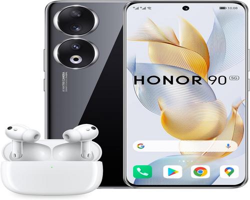 Een Honor 90-smartphone met oordopjes 3 Pro-hoofdtelefoon