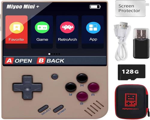 ett Miyoo Mini Plus handhållet spelset med förvaringsväska