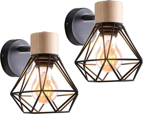 ein Idegu-Lampen-Set aus 2 Industriedesign-Metallkäfiglampen mit Holzdekoration, verstellbare Vintage-Innenbeleuchtung für Schlafzimmer, Flur, Wohnzimmer