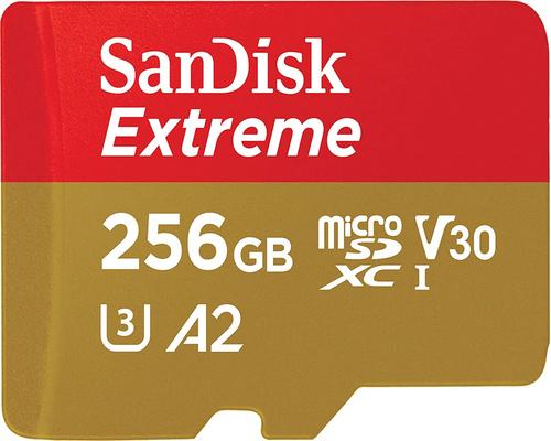 a Sandisk Extreme 256 GB Sdxc Memory Card + Sd Adapter With A2 Application Performance Up to 160 MB / S