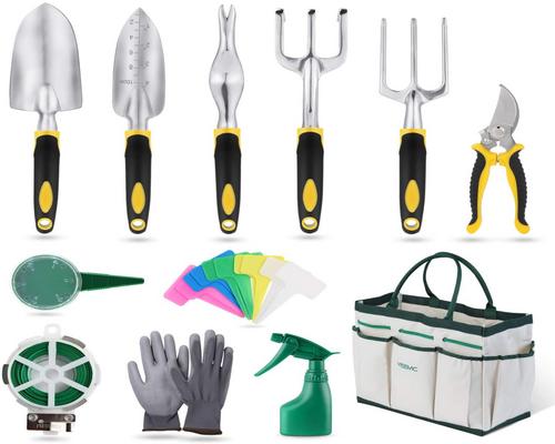 Um kit de ferramentas de jardinagem Yissvic 12 peças de ferramentas de jardim com bolsa de armazenamento