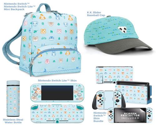 a Set Of Accessory Controller Gear Official Nintendo Animal Crossing: New Horizons Gift Set - Mini Backpack, Switch Skins + Screen Protector, Switch Lite Skins, Stainles