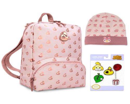 a Set Of Accessory Controller Gear Official Nintendo Animal Crossing Collectors Set New Horizons: Rose Gold Island Mini Backpack Switch Case, Celeste Floral Knit Beanie 