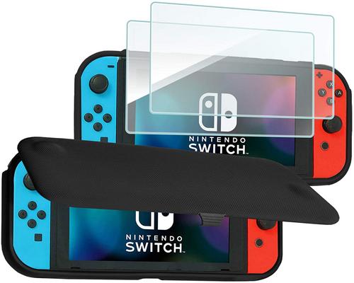 a Set Of Accessory Procase Nintendo Switch Flip Cover With 2 Pack Tempered Glass Screen Protectors, Slim Protective Flip Case With Magnetically Detachable Front Cover Fo