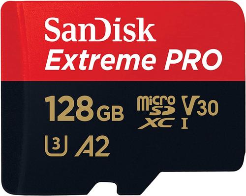 a Sandisk Extreme Pro 128 GB + Sd Dxc Memory Card With A2 Application Performance Up To 170 MB / S