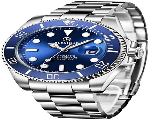 A Bersigar 100 Meter Water Resistant Automatic Analog Men&#39;s Watch With Stainless Steel Strap
