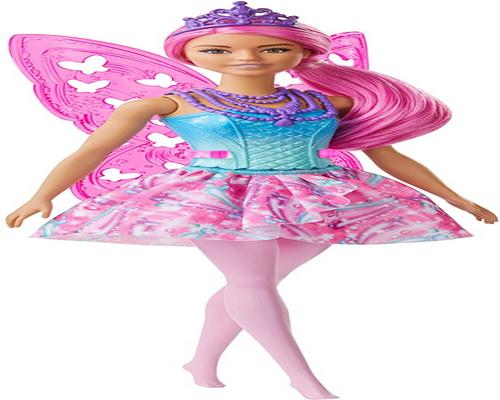 en Barbie Dreamtopia fe dukke med lyserødt hår