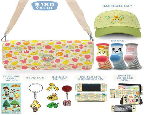 a Set Of Accessory Controller Gear Official Nintendo Animal Crossing: New Horizons Merch Collectors Gift Set - Sling Bag, Switch + Switch Lite Skins, Hat, Keychain - Nin