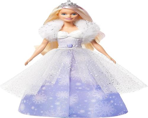 芭比梦幻国度雪花公主玩具套装，配有展开的连衣裙和带粉色亮点的金色头发