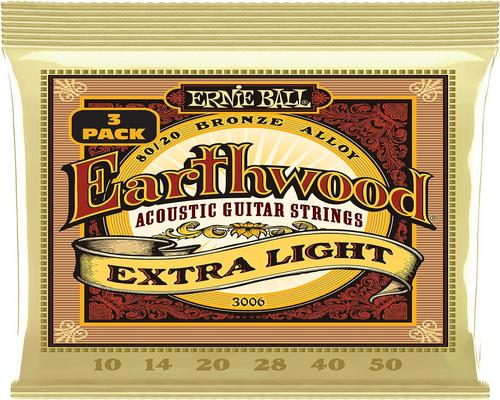 Pacote de 3 cordas Ernie Ball Earthwood Extra Light 80/20 Bronze Acoustic Strings