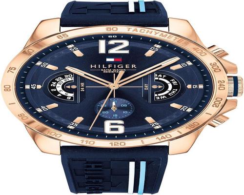 Tommy Hilfiger 模拟多功能石英男式手表，带海军蓝色硅胶