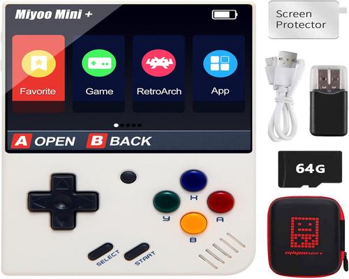 ett Miyoo Mini Plus handhållet spelset med förvaringsväska