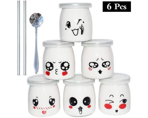 Een set van 6 yoghurtpotjes met emoticondecor
